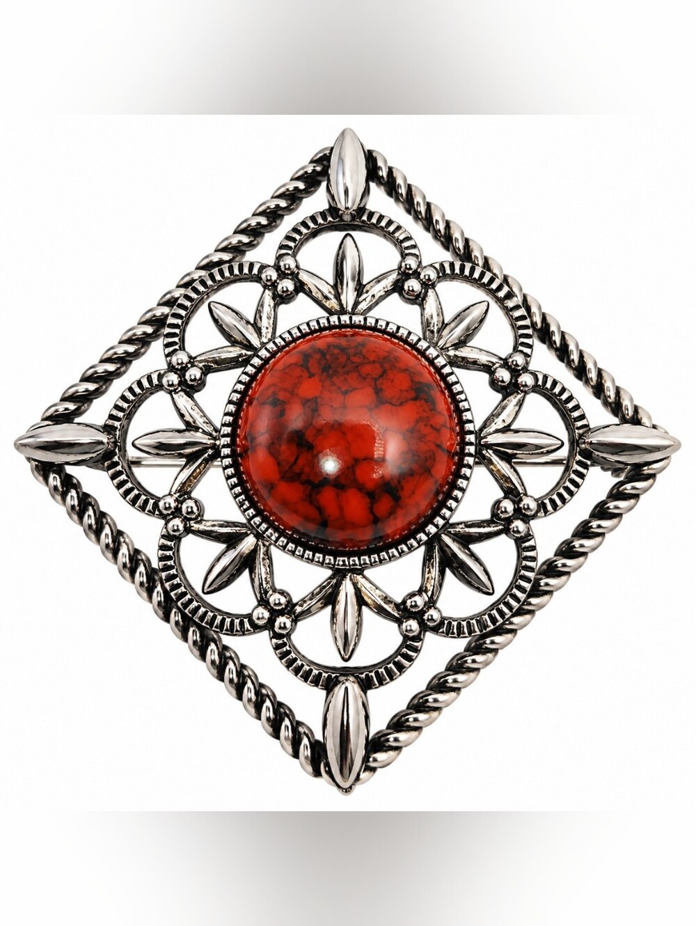 Vintage Signed SARAH Red Cabochon Silver Tone Brooch Pendant 2.25"